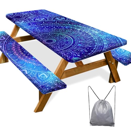 Picnic Table Cover with Bench Covers Camping Essentials Waterproof Windproof Camping Tablecloth with Drawstring Bag, Fitted Rectangle Tables and Seats, 72in, Blue Purple - color: Blue Purple, size: 72in