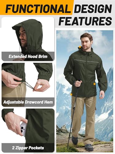 SWISSWELL Mens Rain Jacket & Coats Packable Lightweight Waterproof Windbreaker Hooded for Golf Cycling Hiking - color: Army Green+packable, size: Small