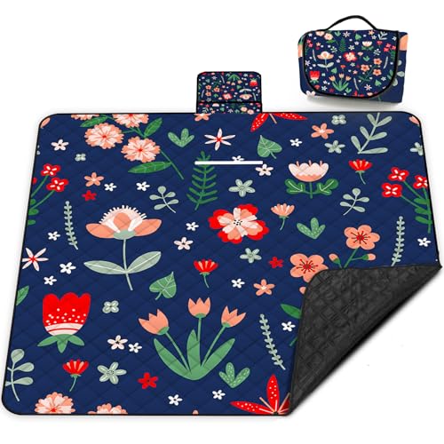 Extra Large Picnic Blanket Waterproof,80"x 80"Foldable Machine Washable Beach Blanket,Outdoor Blanket for 6-8 Adults,Suitable for Indoor Crawling,Park Beach,Camping,Hiking,Family Travel(Light Blue) - color: Blue Flower, size: 6'8" x 6'8" (Square)