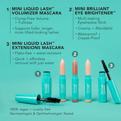 Thrive Causemetics Mini Makeup Essentials, Makeup Gift Set, Mini Liquid Lash Extensions & Volumizer Mini Mascaras, Brynn (Rich Black), Mini Eye Brightener Highlighter Sticks- 3 Shades