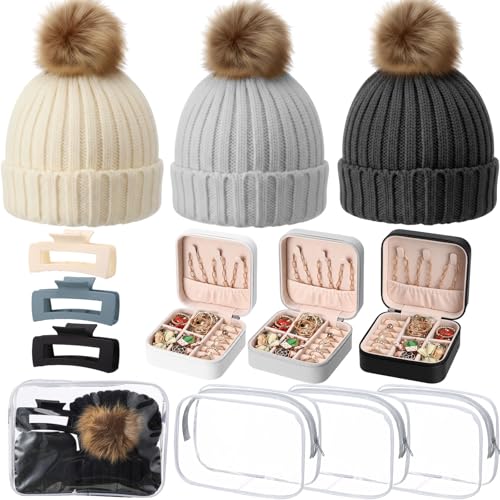 Suhine 12 Pcs Winter Beanie Hat Gift Set for Women, Knit Pom Pom Hats with Hair Claw Clips, Jewelry Organizer Travel Cases and Clear Cosmetic Bags for Winter Travel Christmas