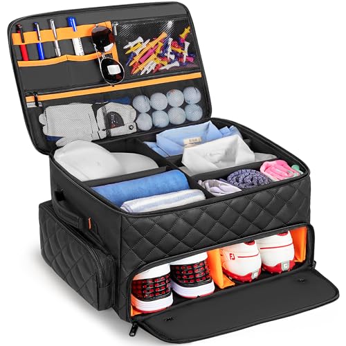 PGmoon 2 Layer Golf Trunk Organizer, Golf Car Storage Organizer with Individual Ventilated Compartment for 2 Pairs Shoes, Golf Car Locker for Balls, Clothes, Tees, Gloves, Accessories (Black) - color: Black