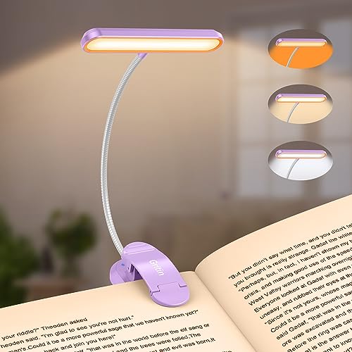 Gritin Rechargeable Book Light for Reading in Bed with 19 LED &Memory Function-Eye Caring 3 Color Temperatures,5 Brightness Levels,90 Hrs Runtime Flexible Goose Neck Clip on Light-Purple - color: Purple