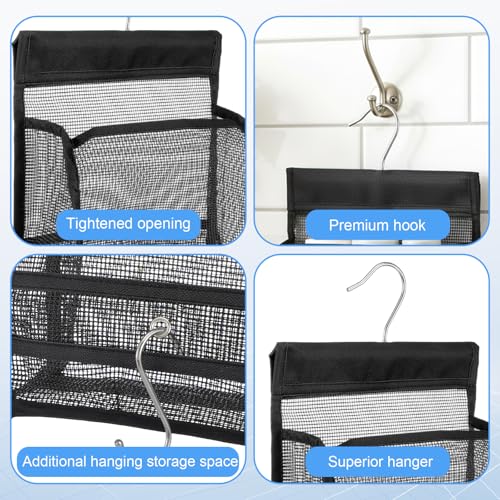 Mesh Shower Caddy Hanging, Black Organizer Bathroom Storage Bag with Hooks, Transparent Rotating Hanging Mesh Bath Baskets for College Dorm, Gym, Swimming, RV Travel, Elderly