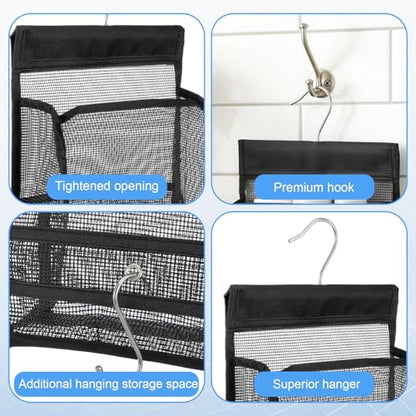 Mesh Shower Caddy Hanging, Black Organizer Bathroom Storage Bag with Hooks, Transparent Rotating Hanging Mesh Bath Baskets for College Dorm, Gym, Swimming, RV Travel, Elderly