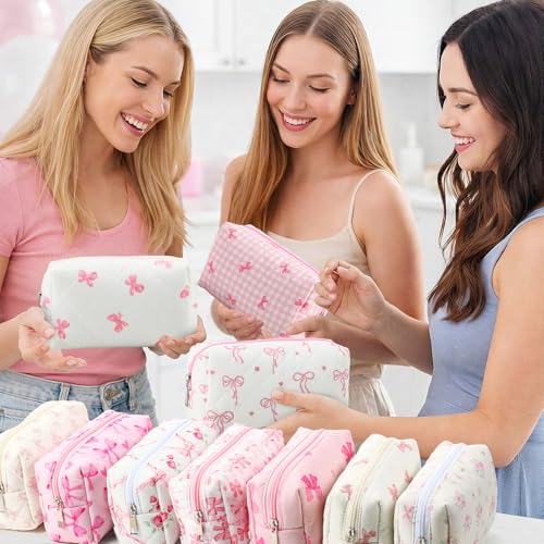 Paterr 20 Pcs Cotton Quilted Makeup Bag Bulk Coquette Cosmetics Bag Flower Aesthetic Essential Pouch Emergency Travel Toiletry Cotton Pouch Gifts for Women(Pink Bow) - style: Pink Bow