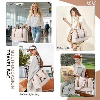 Overnight Weekender Bags for Women,Vacuum Travel Duffel Bag with Air Pump, Personal Item Travel Bag with Shoes Compartment & Compression Pocket,Beige & Brown - color: A-Beige & Brown with Air Pump, size: Large