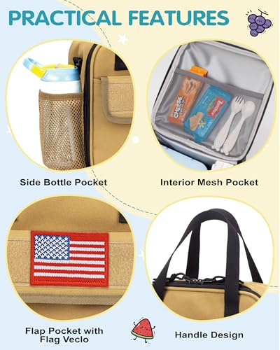 Tactical-style Lunch Bag 5L Kids Lunch Bag with Adjustable Shoulder Strap Easy to Clean Leakproof Wipeable liner Toddler Lunch Box Bag for Boys Girls School and Daycare - color: Brown