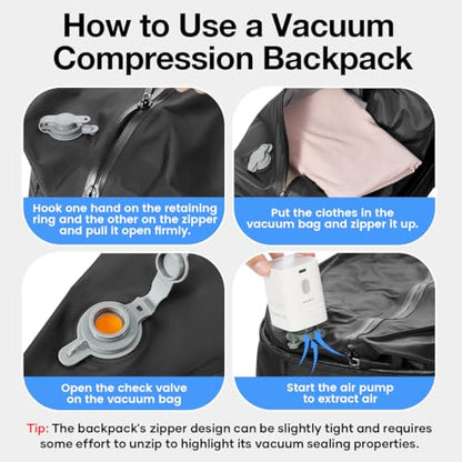 Vacuum Seal Backpack for Travel with Air Pump Waterproof Laptop Carry On Backpack Personal item Travel Essentials Compression Space Saver Bags Storage with Vacuum System Black - color: Black（with Air Pum,p）