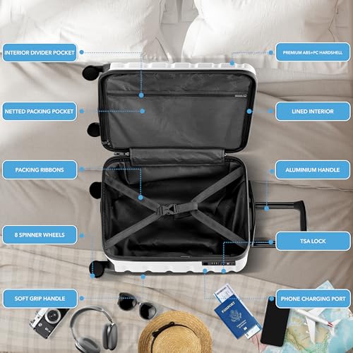 Flight Knight 21.5x15.5x9 Expandable Carry On Suitcase Hardside TSA Lock & USB C Port Lightweight Luggage Silent Double Spinner Wheels Maximum Canada Air Overhead Bag Airlines Approved White - color: White, size: 21.5x15.5x9"