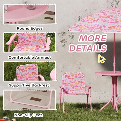 Qaba Kids Picnic Table and Chair Set, Outdoor Activity Table with Foldable Chairs, Removable Umbrella, Butterfly Pattern Toddler Patio Furniture for Backyard, Garden, Pink