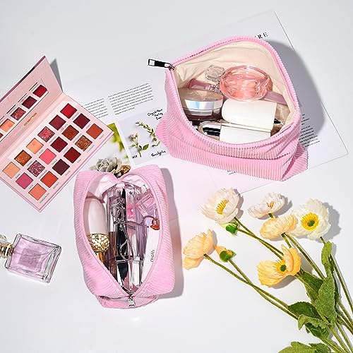 SOIDRAM 2 Pieces Makeup Bag Large Corduroy Cosmetic Bag Capacity Canvas Mix Travel Toiletry Bag Organizer Cute Makeup Brushes Aesthetic Accessories Storage Bag for Women,Corduroy Mix Hot Pink - color: Corduroy Hot Pink