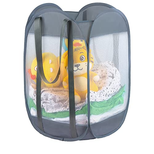 with strong handles Laundry Hamper,Tear Proof Pop Up Laundry Hampers, foldable mesh Laundry basket. Used for travel, laundry room，university dormitory or toy storage, etc.(Vertical (Grey))…………
