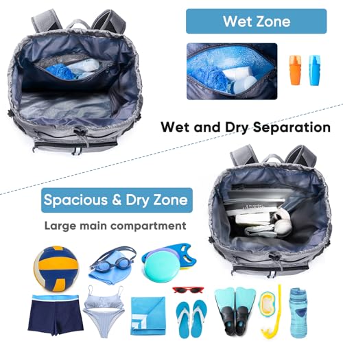 Large Beach Backpack Waterproof Sandproof - Customized Oversized Drawstring Pool Bag with Shoe Compartment for Toiletries, Towels, Gym, Travel - color: Grey