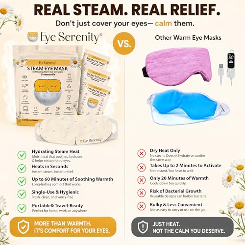 Eye Serenity Steam Eye Mask, Heated Eye Mask, Self Heating Warm Compress for Dry Eyes, Fast Relief for Stye, Puffy Sensitive Eyes, Moist Heat, Relaxation Gifts for Women and Men - Chamomile - color: Chamomile 15 Pack, size: 15 Eye Masks
