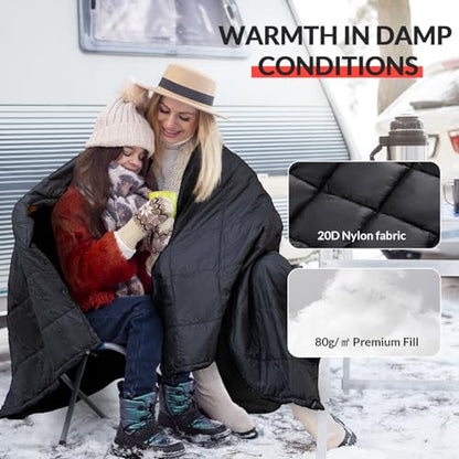 Camping Blanket with Zipper Pocket, 85'' x 61'' Large Wearable Hooded Blanket, Ultralight Warm Sleeping Bag, Windproof Camping Poncho for Outdoor Stadium Sports Gaming Hiking Picnic Concerts - color: Black