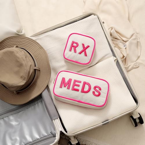 RSRSLEII 2Pcs Small Canvas Rx MEDS Medicine Packages, Cute Chenille Letter Patch Drug Makeup Bag with Metal Zipper, Mini Travel First Aid Purse Organizer Machine Washable (06 2pcs Hot Pink) - color: 06 2pcs Hot Pink
