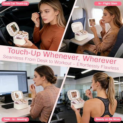Mini Makeup Bag with Led Mirror, Small Cosmetic Bag with 3 Light Modes Adjustable Brightness, Rechargeable Portable Makeup Pouch with Handle, for Pool Parties丨Work Touch-Ups, Beige