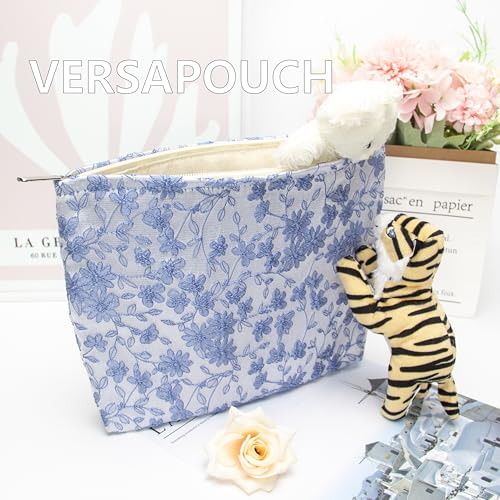 PAZIMIIK Makeup Bag Large Cotton Zipper Pouch for Purse Travel Canvas Make Up Organizer for Women Cosmetic,Brocade Silver - color: Brocade Silver