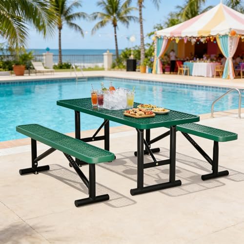 6FT Outdoor Metal Picnic Table with 2 Benches,Heavy Duty Rectangular Picnic Table Set for Outside, Waterproof Commercial Restaurant Table Furniture for Park, Campfield, Patio, Garden, Yard - color: Set B-green, size: 6FT