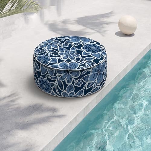 Indoor/Outdoor Inflatable Ottoman D21 x H9 inch, Round Footstool Inflatable Foot Rest Ottomans with Handle, Portable Ottoman Pouf for Patio, Garden, Camping, Home,Flower Navy - color: Flower Navy, size: 21"D x 21"W x 9"H