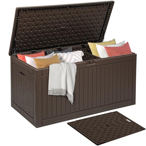 DWVO 320 Gallon Double-Wall Deck Box with Divider, XXL Extra Large Resin Outdoor Storage Box, Lockable & Waterproof, Double as Seating, 1000lbs Capacity (Brown) - color: Brown, size: 260 Gallon