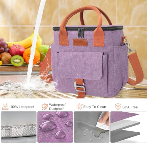 Joymee Lunch Bag Women Large Insulated Reusable Leakproof - Purple | Large Spacious, Cooler Lunch Bag, Adjustable Shoulder Strap, With Side Pocket, Bottle Holder, for Office Work Picnic Travel - color: Purple