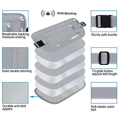 Money Belt for Travel Women and Men Slim Hidden Travel Wallet with RFID Blocking - color: Silver Gray