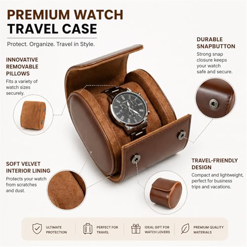 Watch Roll Travel Case for Men & Women – Portable Watch Storage Organizer with Removable Pillows & Solid Dividers, Secure Watch Holder for Home & Travel, Includes Watch Pouch & Cleaning Cloth (1 Slot)