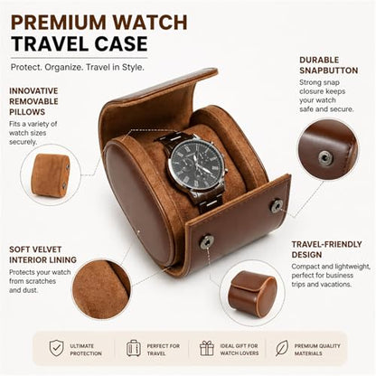 Watch Roll Travel Case for Men & Women – Portable Watch Storage Organizer with Removable Pillows & Solid Dividers, Secure Watch Holder for Home & Travel, Includes Watch Pouch & Cleaning Cloth (1 Slot)