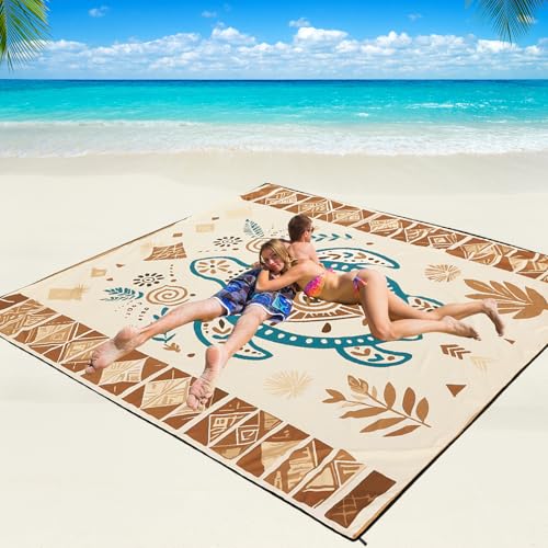 WIWIGO Beach Blanket Waterproof Sandproof Beach Mat 79" X 83"/10'x9'for 2-8 Adults Quick Drying Outdoor Picnic Mat Beach Accessories for Travel, Camping, Hiking - color: Beige Sea Turtle - Geometric, size: 79" X 83"（1-4person）