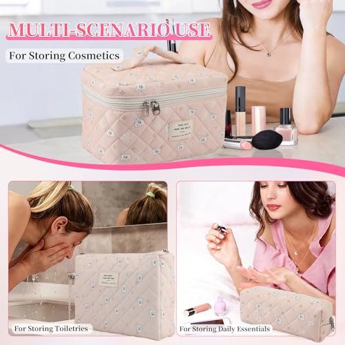 3PCS Coquette Makeup Bag,Quilted Cosmetic Bag Large Make Up Bag Set,Quilted Portable Toiletry Organizer Bag,Cotton Travel Skincare Bag for Women Girls(07-White bunny) - style: 07-white Bunny