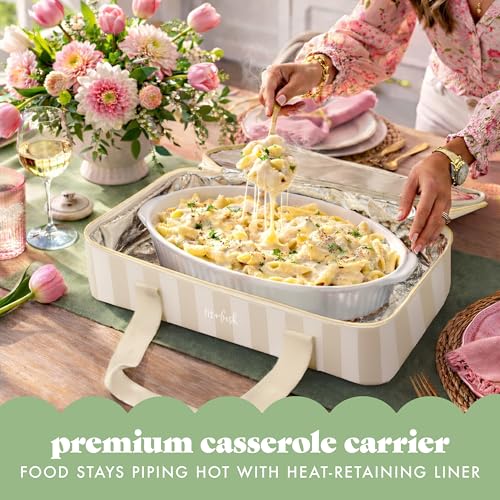 Fit & Fresh Insulated Casserole Carrier - Double Decker Food Carrier Fits Two 9x13 Dishes, Expandable Hot & Cold Food Transport Bag with Zipper Pocket for Potluck, Easter & Travel, Taupe Stripe - color: Pina Colada Stripe