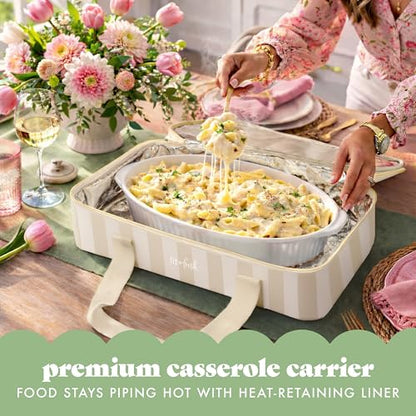Fit & Fresh Insulated Casserole Carrier - Double Decker Food Carrier Fits Two 9x13 Dishes, Expandable Hot & Cold Food Transport Bag with Zipper Pocket for Potluck, Easter & Travel, Taupe Stripe - color: Pina Colada Stripe