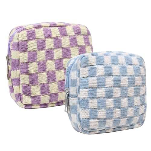 2 Pieces Makeup Bag Small, Mini Checkered Make Up Bag Travel Cute Cosmetic Bags for Women Preppy Makeup Pouch for Purse Zipper Makeup Organizer Case Period Bag Sanitary Napkin Storage Bag for Girls - color: 2Pcs-Blue+Purple