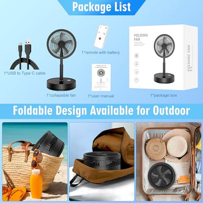 LIPETY Portable Foldable Oscillating Fan - 8.6" 8000mah Rechargeable Battery Operated USB C Small Fan with Remote Quiet Table Desk Fan Folding Standing Pedestal Fan for Rome Office Camping Travel - color: black