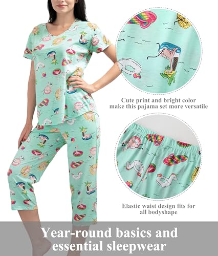 PNAEONG Women Pajama Set Sleepwear Tops with Capri Pants Casual and Fun Prints Pajama Sets - color: Beach, size: 3X-Large