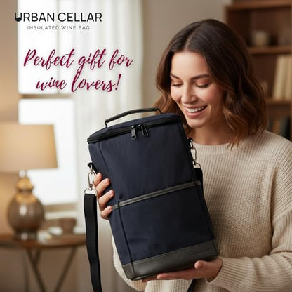 URBAN CELLAR Insulated Wine Carrier Tote - 2 Bottle Wine Cooler Bag with Ice Packs, 6+ Hour Cooling, Waterproof Waxed Canvas for Travel, Picnic, BYOB - Wine Gift