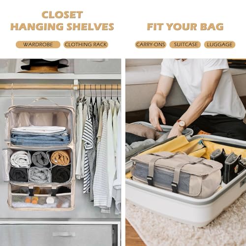 Surblue Hanging Shelves Travel Compression Packing Cube for Carry-on Luggage Suitcase Collapsible Transformable Garment Closet Organizers Large Capacity, Beige, XXL - color: Beige, size: XXL_14.96*11.47*22.83in