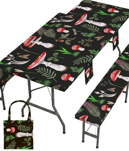 Fitted Picnic Table Cover with Bench Covers Vinyl Waterproof Elastic Edges Fitted Rectangle Table Cloth Patio Tablecloth Camping Essentials Rv Gear Accessories Road Trip Supplies Car Travel Must Have - color: Black Red Mushrooms, size: 72in
