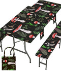 Fitted Picnic Table Cover with Bench Covers Vinyl Waterproof Elastic Edges Fitted Rectangle Table Cloth Patio Tablecloth Camping Essentials Rv Gear Accessories Road Trip Supplies Car Travel Must Have - color: Black Red Mushrooms, size: 96in