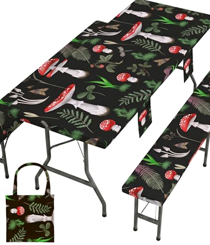 Fitted Picnic Table Cover with Bench Covers Vinyl Waterproof Elastic Edges Fitted Rectangle Table Cloth Patio Tablecloth Camping Essentials Rv Gear Accessories Road Trip Supplies Car Travel Must Have - color: Black Red Mushrooms, size: 96in