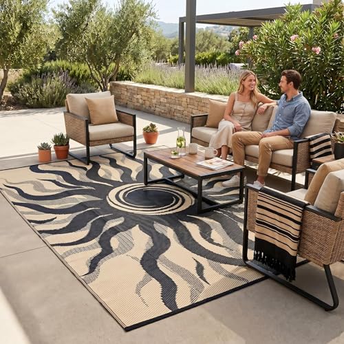 Garvee Outdoor Rug 5x8 Waterproof Patio Rugs with Boho Sun Pattern, Reversible Plastic Straw Camping Rugs Outdoor Indoor RV Mat Carpet for Deck, Backyard, Picnic, Porch, Balcony, Beach, Black - color: Black, size: 5' x 8' (Rectangular)