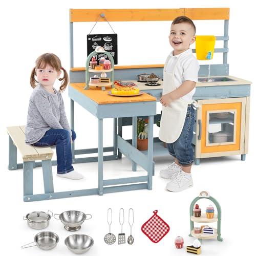HONEY JOY Mud Kitchen & Kids Picnic Table, 2 in 1 Fir Wood Play Kitchen w/Built-in Bench, Blackboard, Water Box, Sink, Dessert & Cookware, Outdoor Kitchen Playset for Backyard