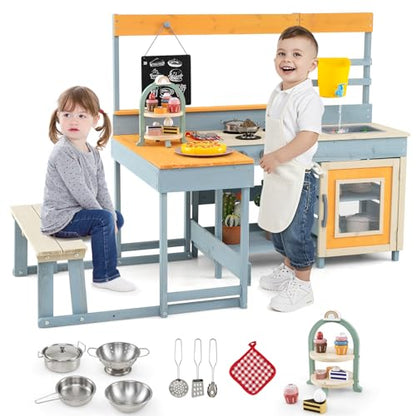 HONEY JOY Mud Kitchen & Kids Picnic Table, 2 in 1 Fir Wood Play Kitchen w/Built-in Bench, Blackboard, Water Box, Sink, Dessert & Cookware, Outdoor Kitchen Playset for Backyard