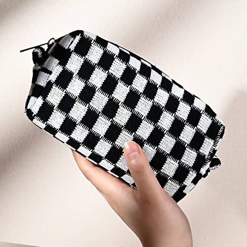 SOIDRAM 2 Pieces Black Makeup Bag Large Checkered Cosmetic Bag Capacity Canvas Mix Travel Toiletry Bag Organizer Cute Makeup Brushes Aesthetic Accessories Storage Bag for Women, Checkered Mix Black - color: Black