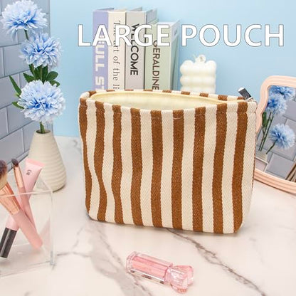 PAZIMIIK Makeup Bag Large Cotton Zipper Pouch for Purse Travel Canvas Make Up Organizer for Women Cosmetic,Stripe Coffee - color: Stripe Coffee