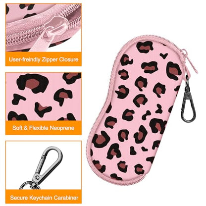 FINTIE Glasses Case with Carabiner, Ultra Light Portable Neoprene Zipper Sunglasses Soft Case - color: Pink Leopard