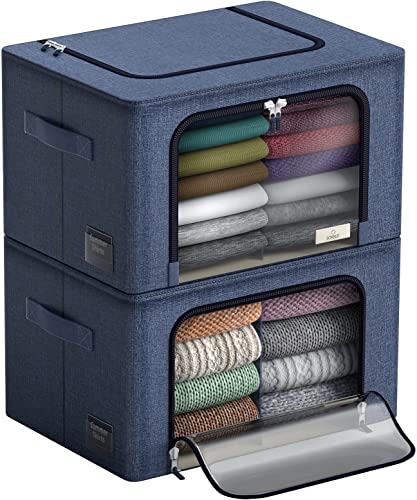 Sorbus Storage Bins with Metal Frame - Stackable & Foldable Clothes Organizer Bags - Oxford Fabric Storage Containers with Large Clear Window & Carry Handles Organization for Bedding Linen & Clothing - color: Blue, size: 2 Pack