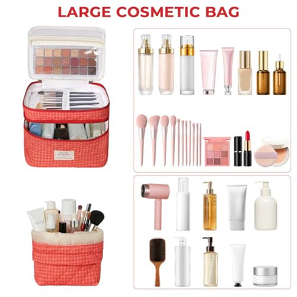 Gosect Makeup Bag, Quilted Cosmetic Bag Set, Drawstring Makeup Bag with Canvas Lining, Large Floral Toiletry Bag for Women Girls, Cute Cotton Flower Travel Organizer Bag(Red Flower - color: Red Flower